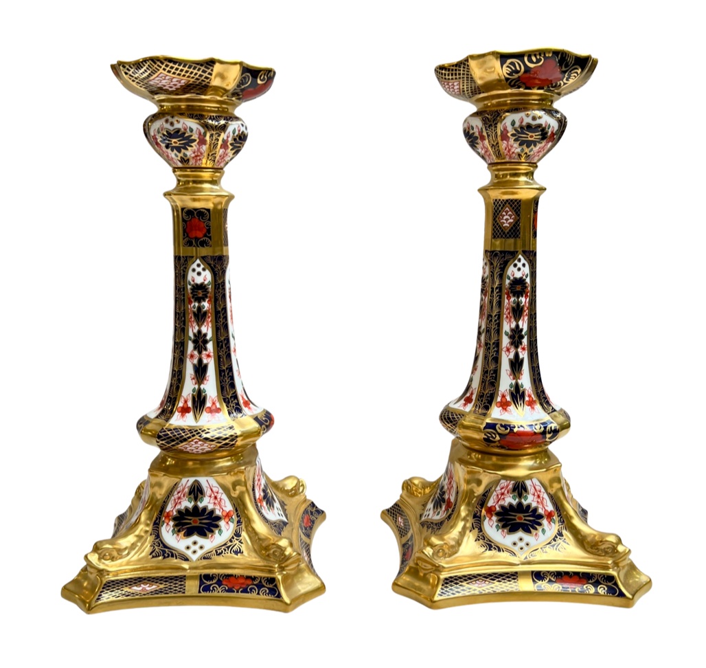 Pair Of Royal Crown Derby Candlesticks Old Imari Pattern 1128 pair-of-royal-crown-derby-candlesticks-old-imari-pattern-1128